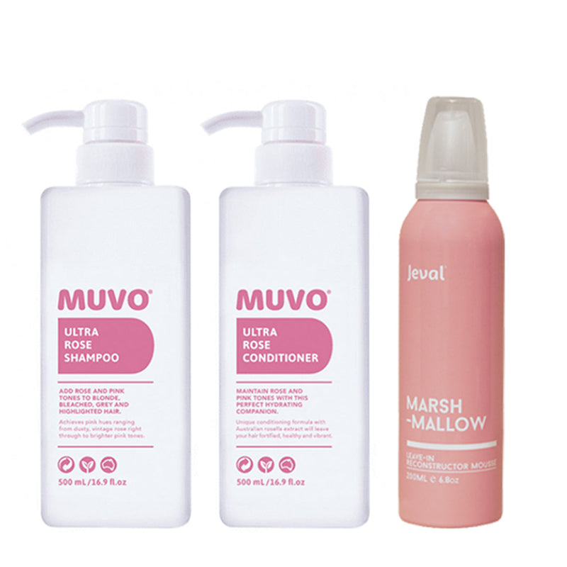 Load image into Gallery viewer, MUVO Ultra Rose Shampoo, Conditioner &amp; Jeval Marshmallow Treatment Trio - Beautopia Hair &amp; Beauty
