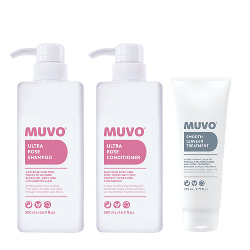 Load image into Gallery viewer, MUVO Ultra Rose Shampoo, Conditioner &amp; Smooth Leave-In Treatment Trio - Beautopia Hair &amp; Beauty
