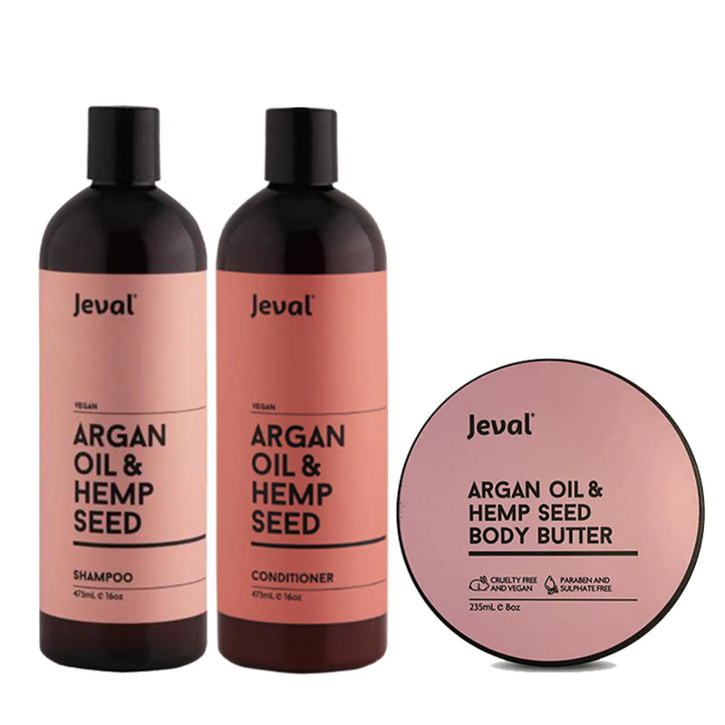 Load image into Gallery viewer, Jeval Infusions Argan Oil &amp; Hemp Shampoo, Conditioner &amp; Body Butter Trio
