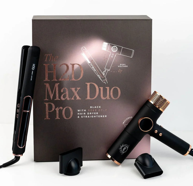 Load image into Gallery viewer, H2D Max Duo Pro Matte Black and Rose Gold Hair Straightener and Dryer Set
