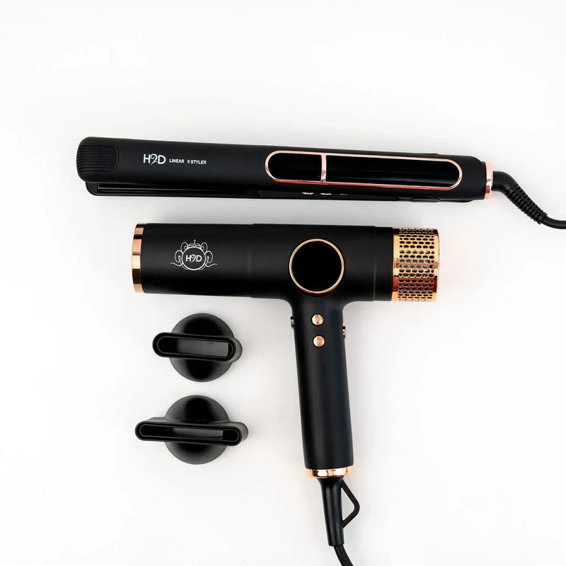 Load image into Gallery viewer, H2D Max Duo Pro Matte Black and Rose Gold Hair Straightener and Dryer Set
