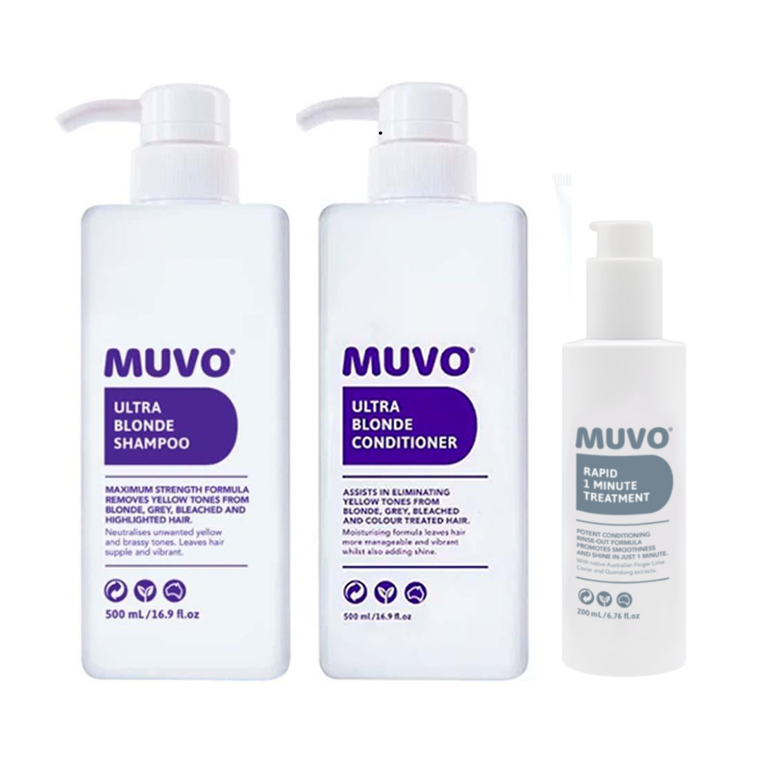 MUVO Ultra Blonde Shampoo, Conditioner & Rapid Rinse-Out Treatment Tri ...