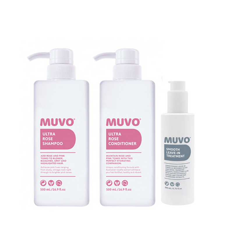 Load image into Gallery viewer, MUVO Ultra Rose Shampoo, Conditioner &amp; Smooth Leave-In Treatment Trio
