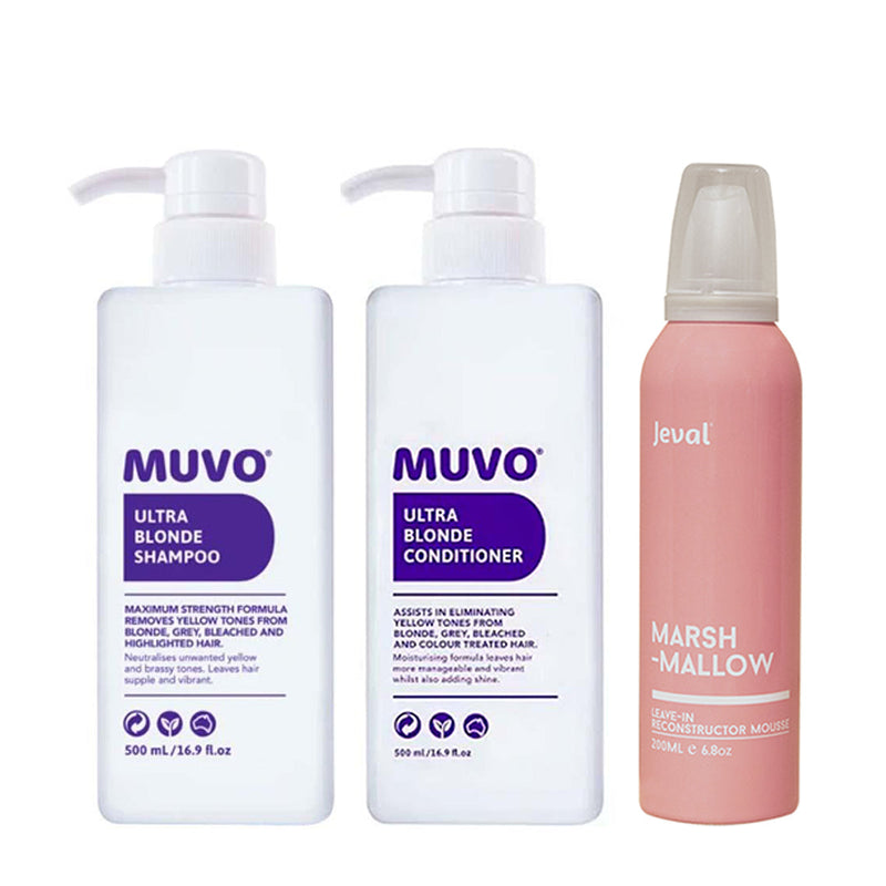 Load image into Gallery viewer, MUVO Ultra Blonde Shampoo, Conditioner &amp; Jeval Marshmallow Treatment Trio - Beautopia Hair &amp; Beauty
